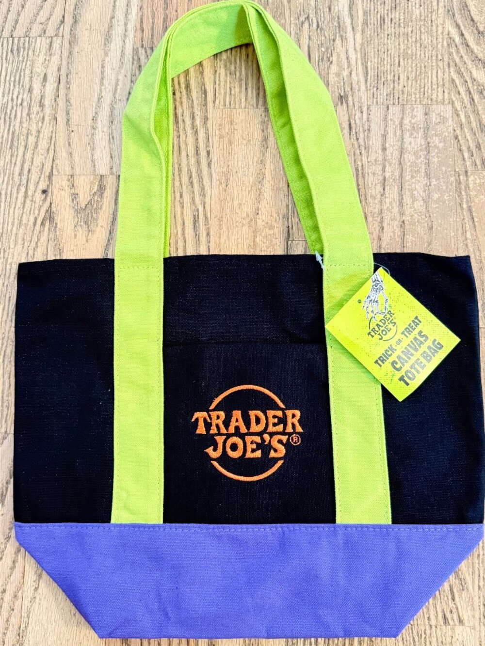 NWT Trader Joe's Halloween Mini Canvas Tote Bag Black Purple Neon Green Handles